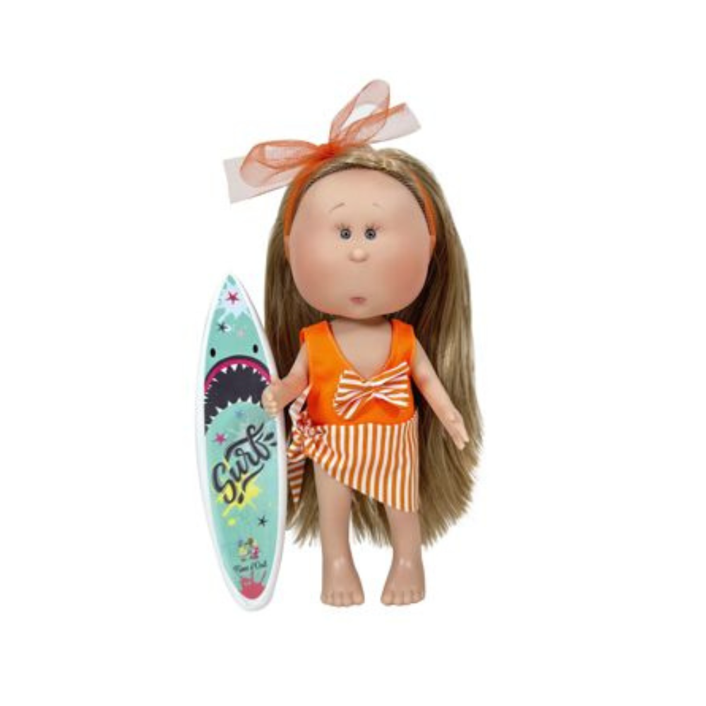 Mia Blonde Hair Doll with Orange Beachwear and Surfboard - cottonplanet.ie