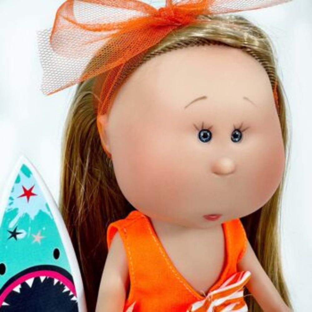 Mia Blonde Hair Doll with Orange Beachwear and Surfboard - cottonplanet.ie