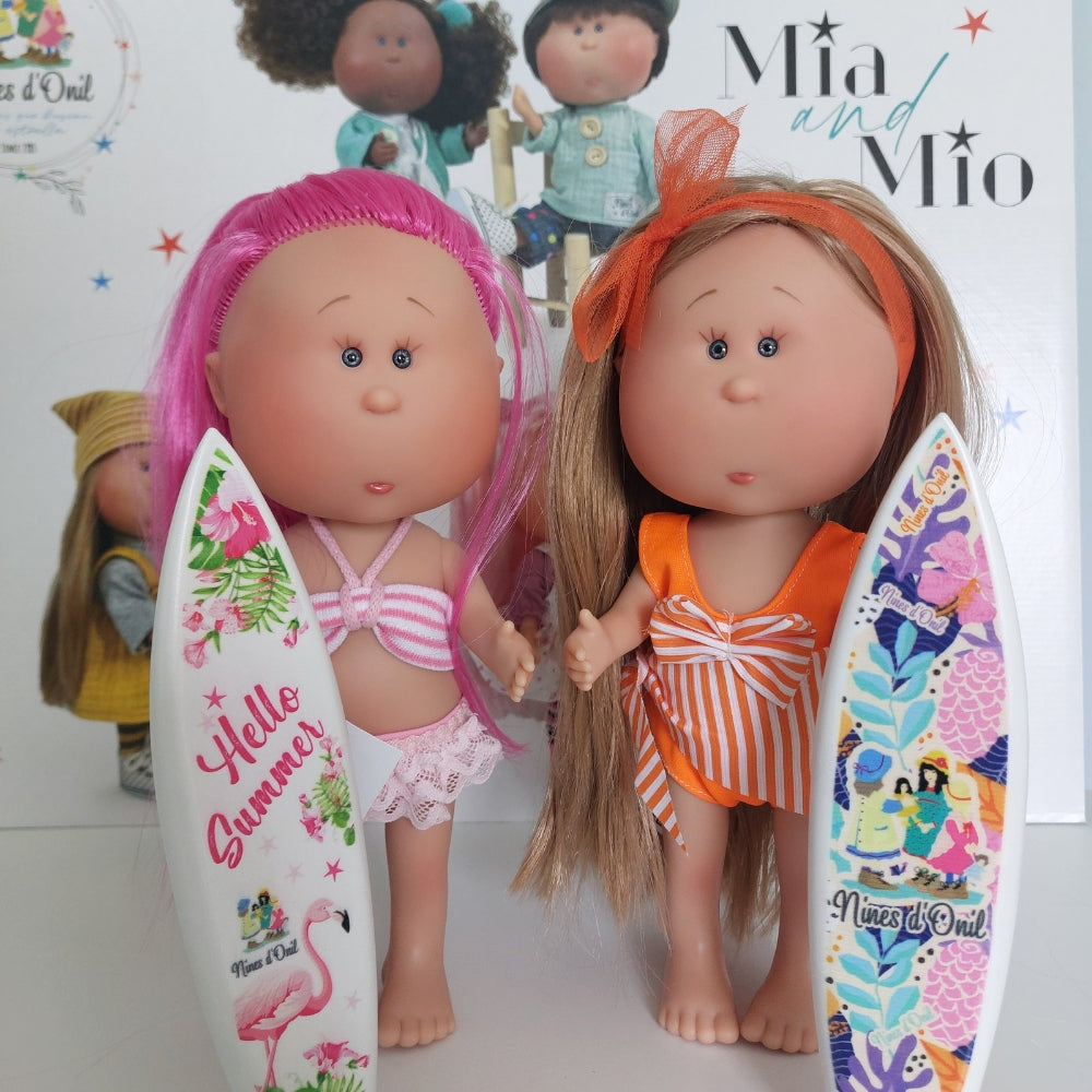 Mia Blonde Hair Doll with Orange Beachwear and Surfboard - cottonplanet.ie