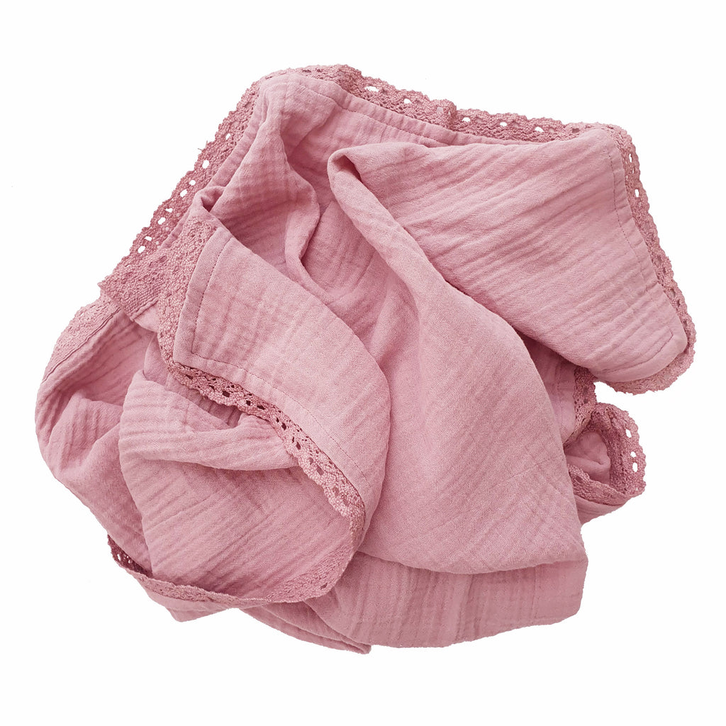 Baby Organic Cotton Blanket with Lace Pale Mauve | Cotton Planet