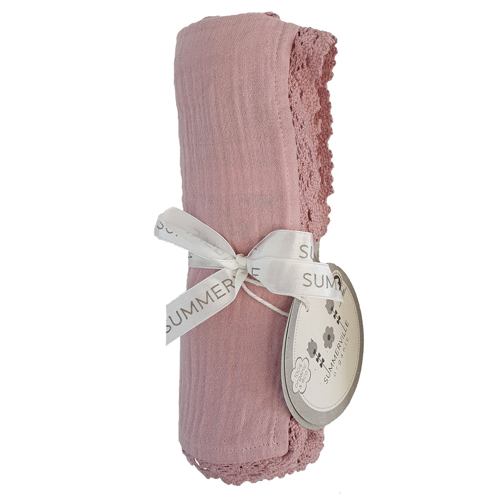 Baby Organic Cotton Blanket with Lace Pale Mauve | Cotton Planet