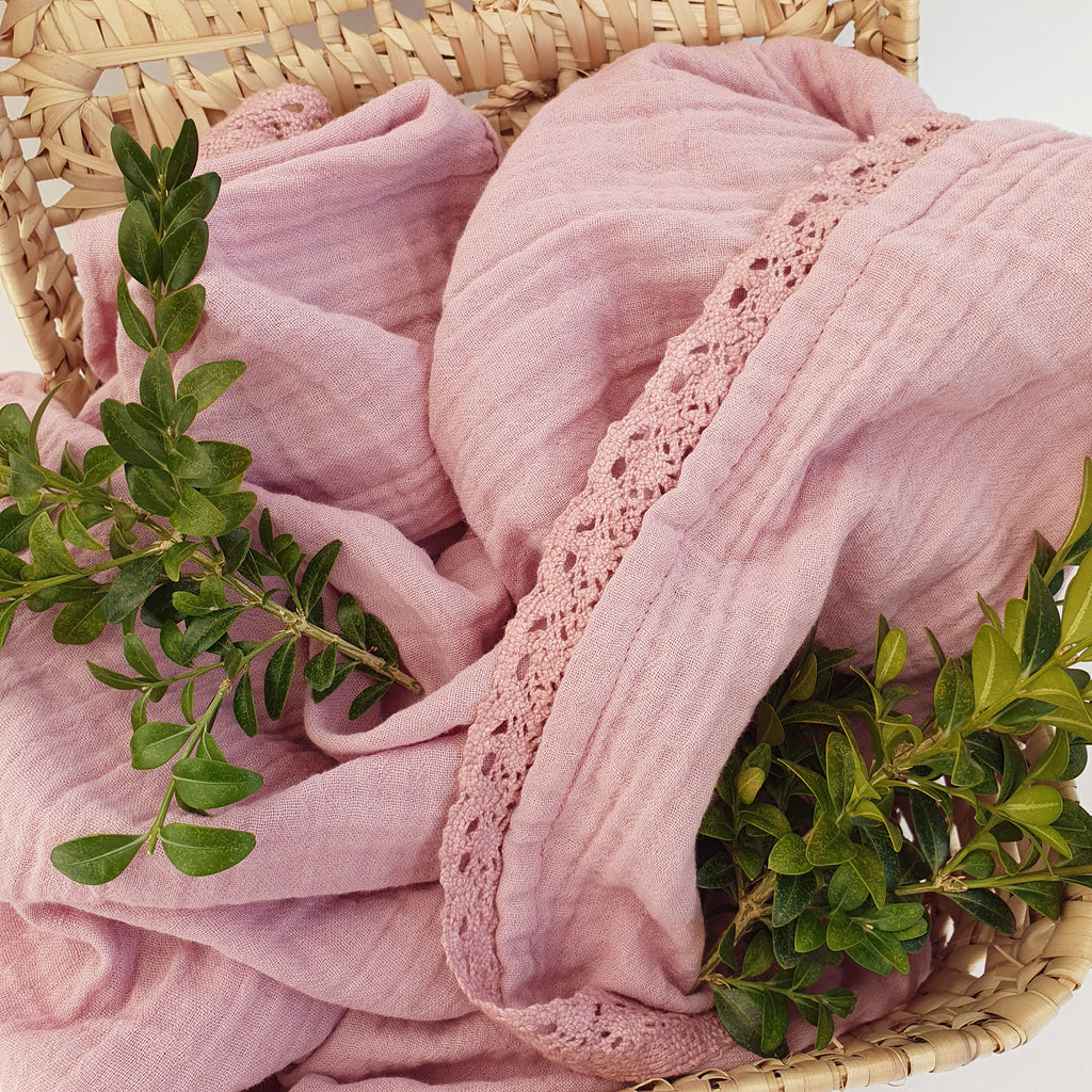Baby Organic Cotton Blanket with Lace Pale Mauve | Cotton Planet