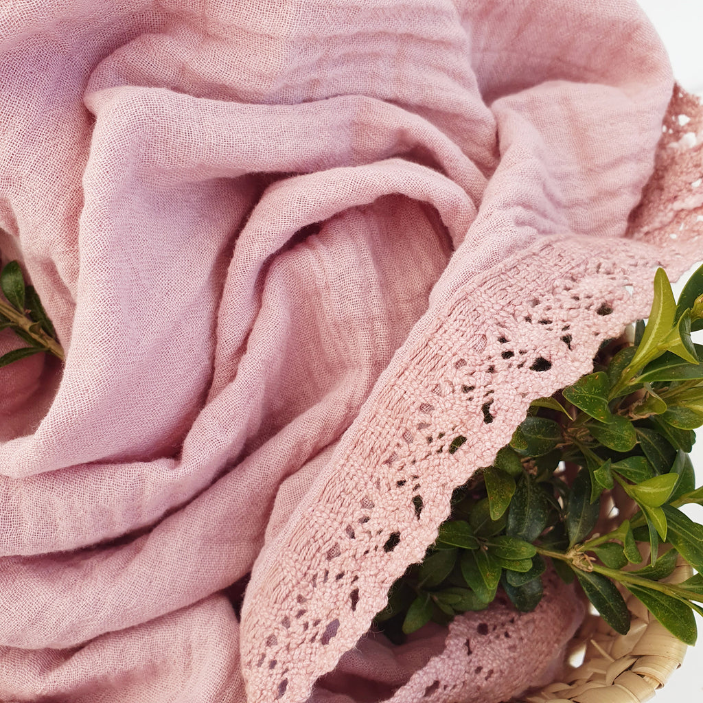 Baby Organic Cotton Blanket with Lace Pale Mauve | Cotton Planet