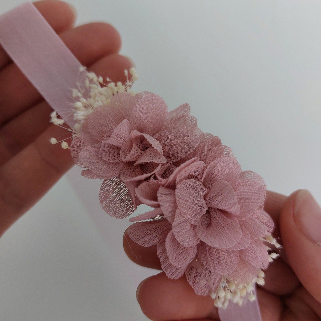 Baby Headband with 2 Cotton Flowers - Antique Pink