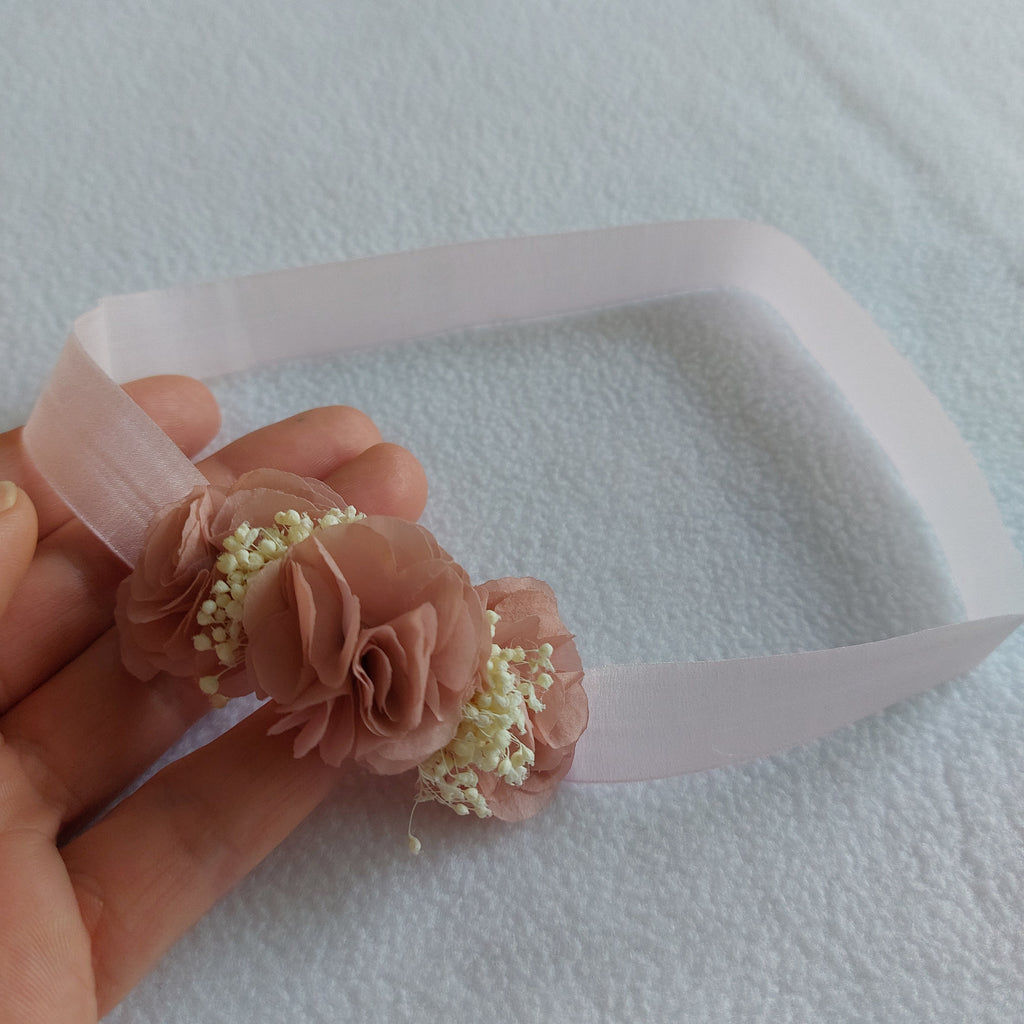 Baby Headband with 3 Little Chiffon Flowers - Antique Pink