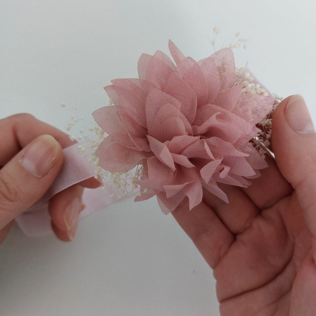 Baby Headband with Chiffon Flower and Tiny Blooms - Antique Pink