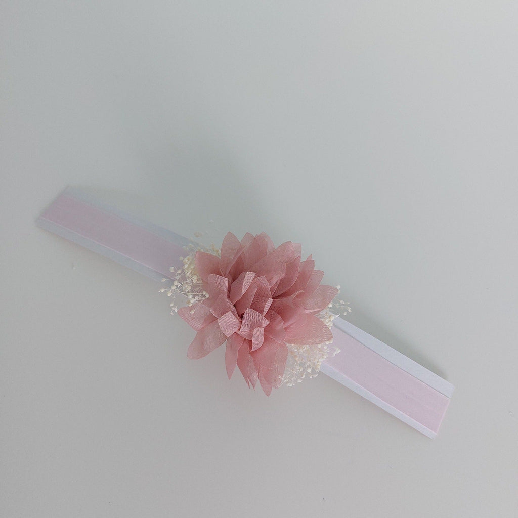 Baby Headband with Chiffon Flower and Tiny Blooms - Antique Pink