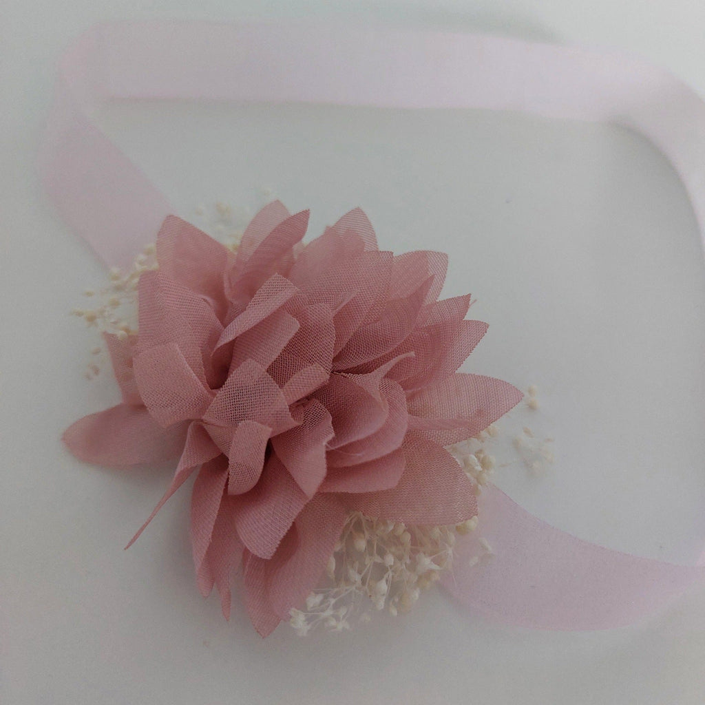 Baby Headband with Chiffon Flower and Tiny Blooms - Antique Pink