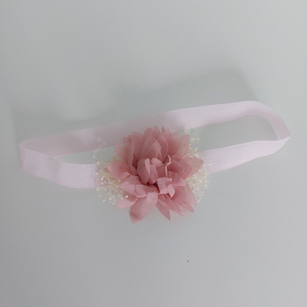 Baby Headband with Chiffon Flower and Tiny Blooms - Antique Pink