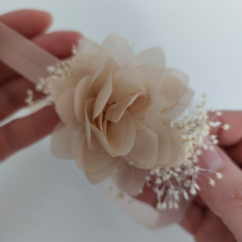 Baby Headband with Chiffon Flower and Tiny Blooms - Beige