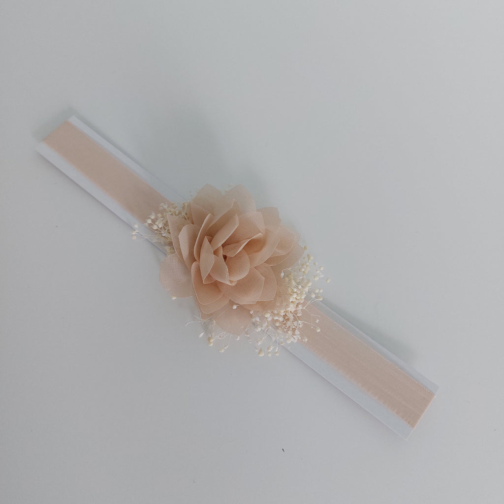 Baby Headband with Chiffon Flower and Tiny Blooms - Beige