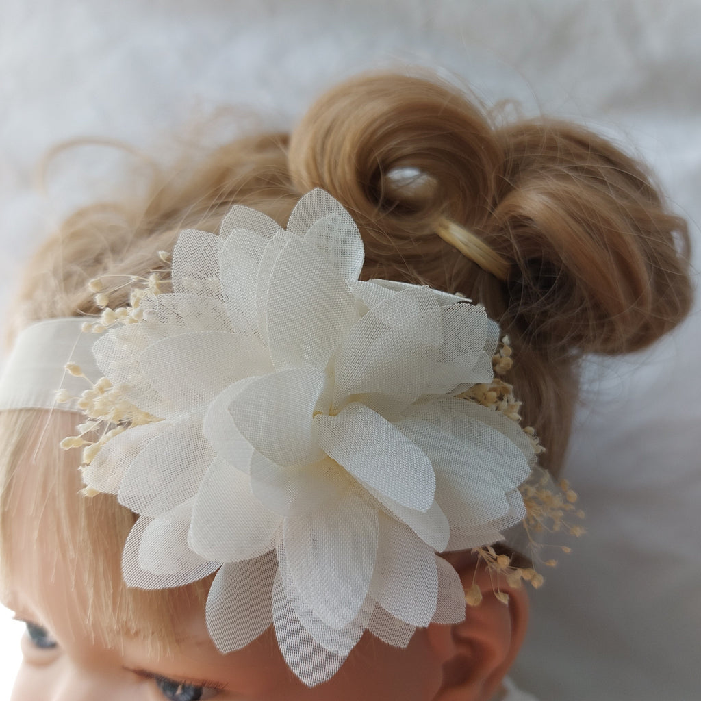 Baby Headband with Chiffon Flower and Tiny Blooms - Cream Siena