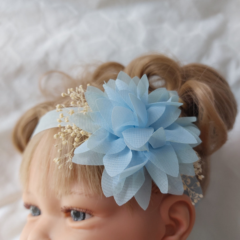 Baby Headband with Chiffon Flower and Tiny Blooms - Light Blue Siena