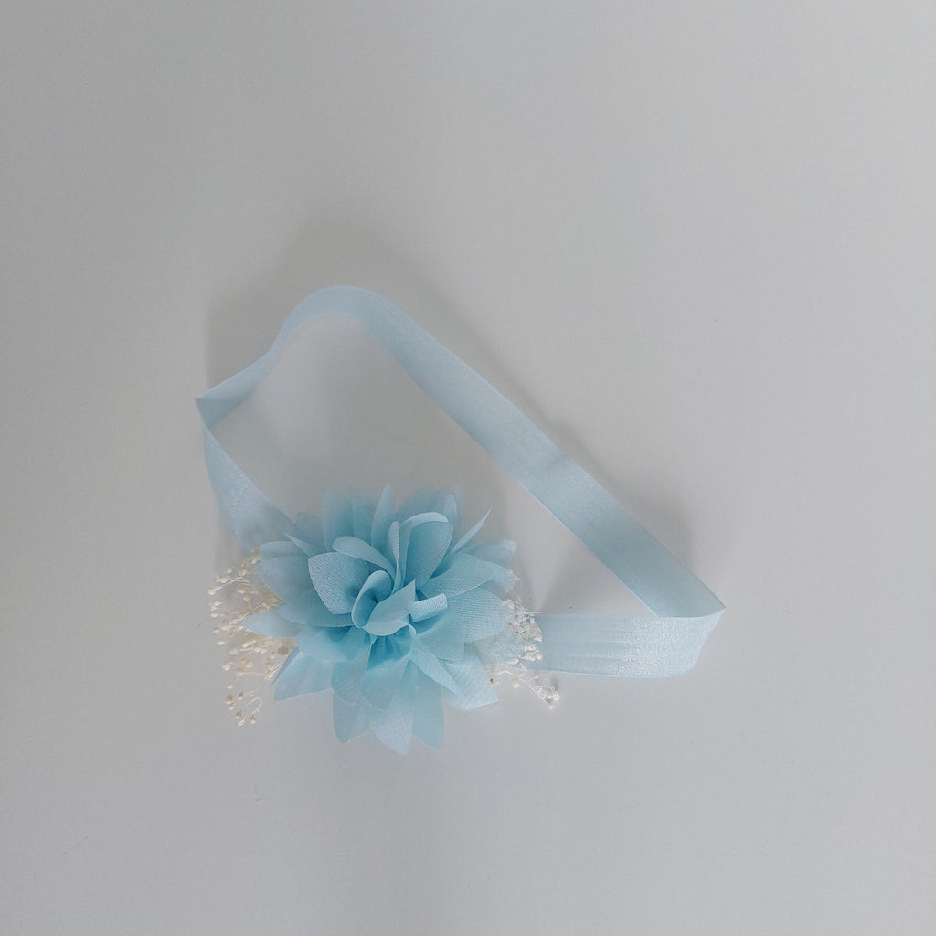 Baby Headband with Chiffon Flower and Tiny Blooms - Light Blue