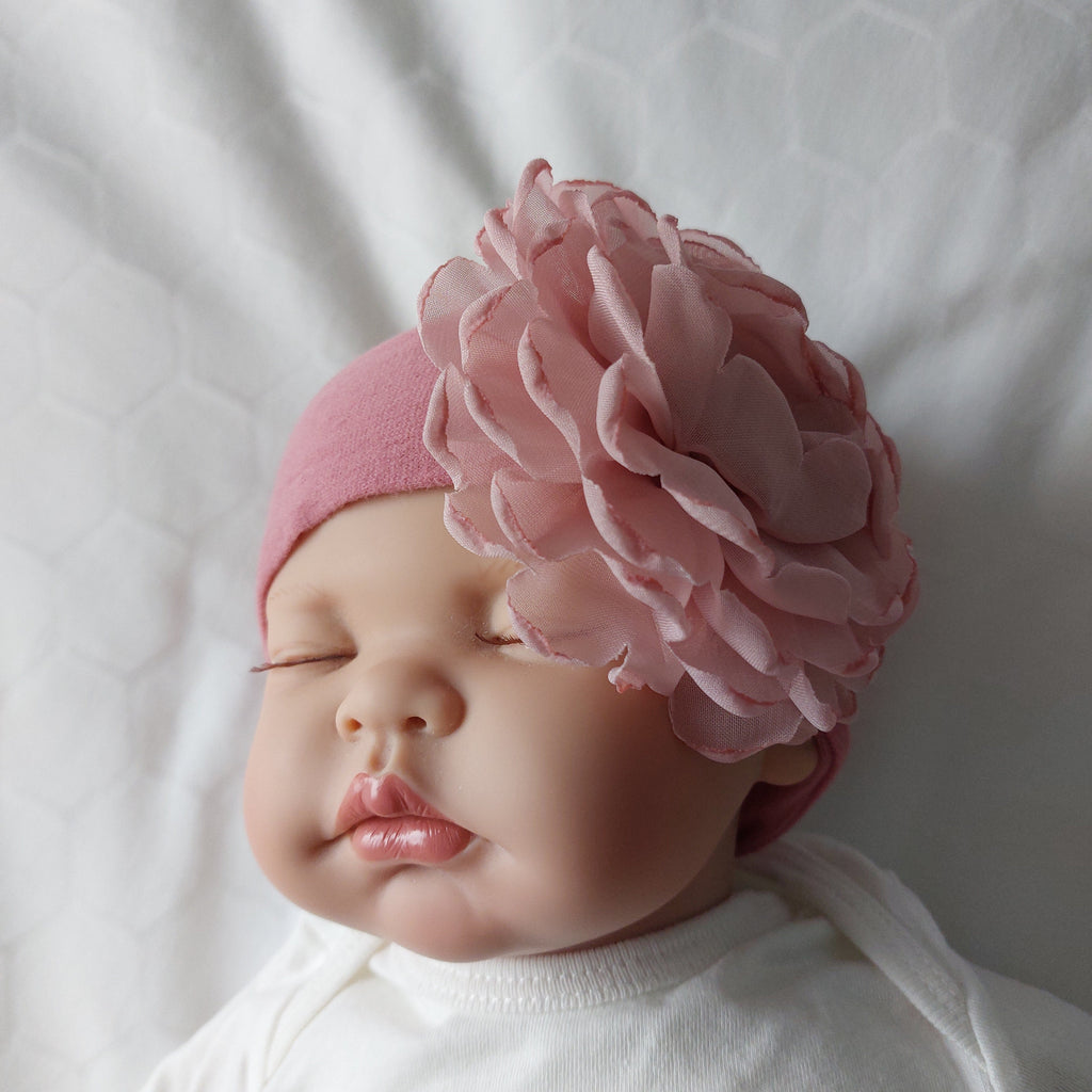 Baby Turban with Extra Large Chiffon Flower - Antique Pink Siena