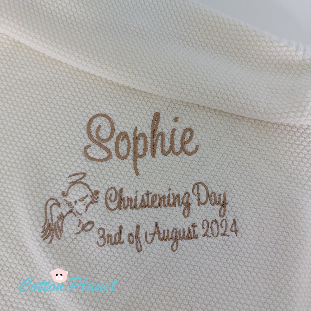 Personalised Christening Blanket with Angel - 100% cotton - Cream