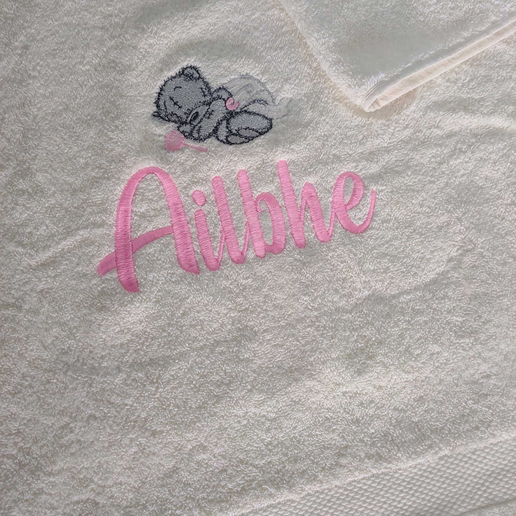 Cream Baby Bath Towel with Teddy - Pink, Blue or Mint design