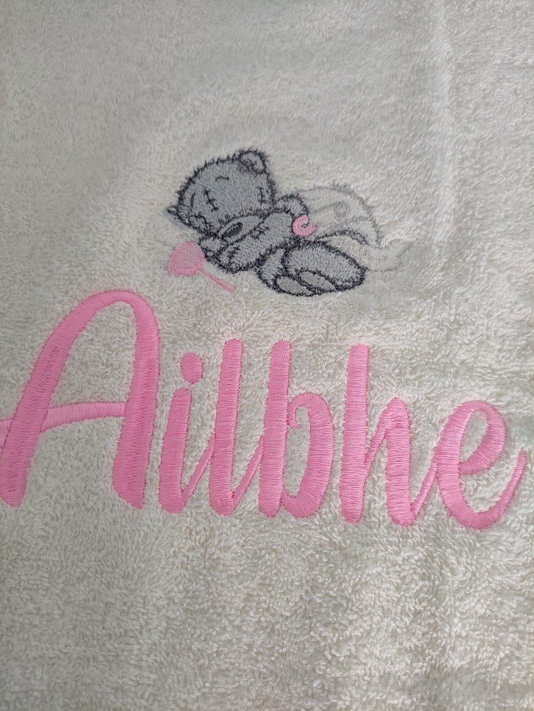 Cream Baby Bath Towel with Teddy - Pink, Blue or Mint design