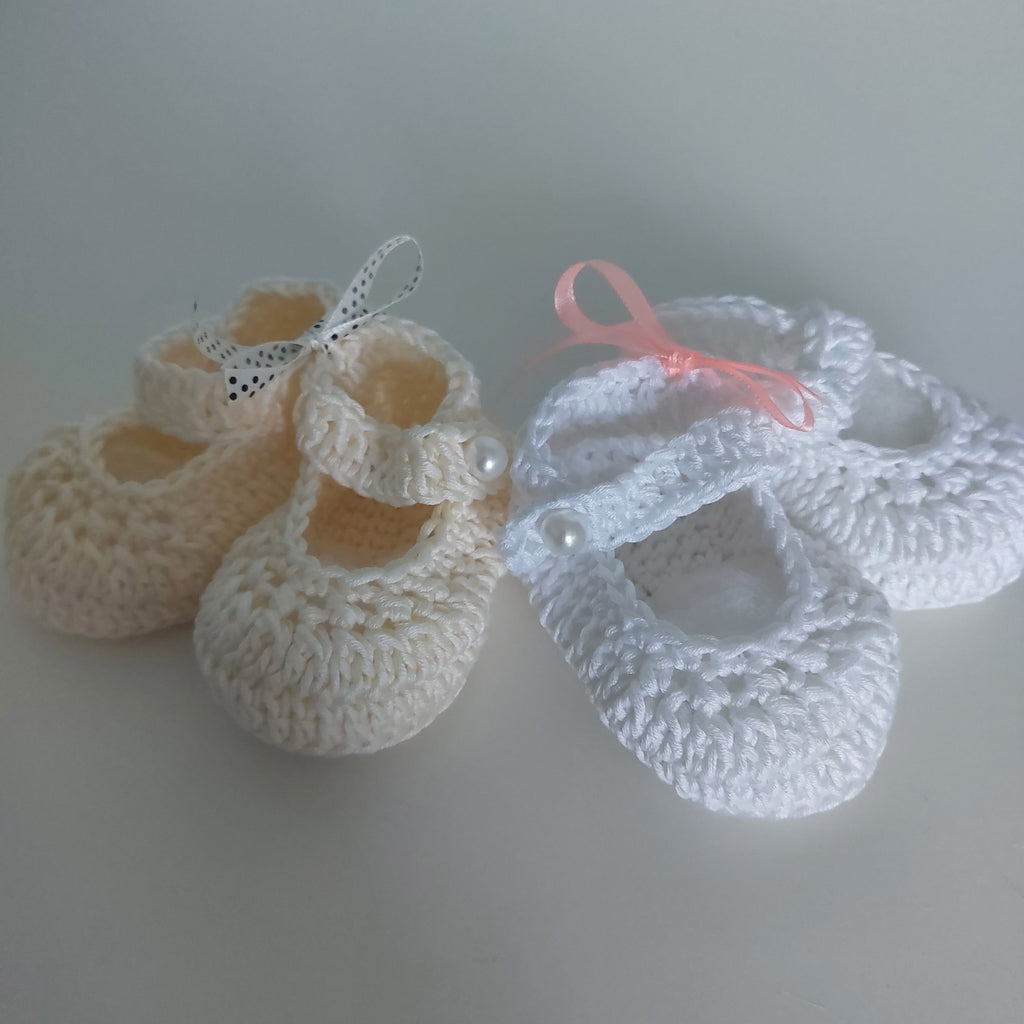Crocheted Baby Ballerinas with a Pearl Button - Pure White or Ecru