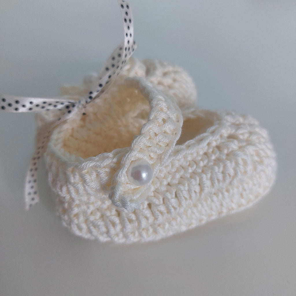 Crocheted Baby Ballerinas with a Pearl Button - Pure White or Ecru
