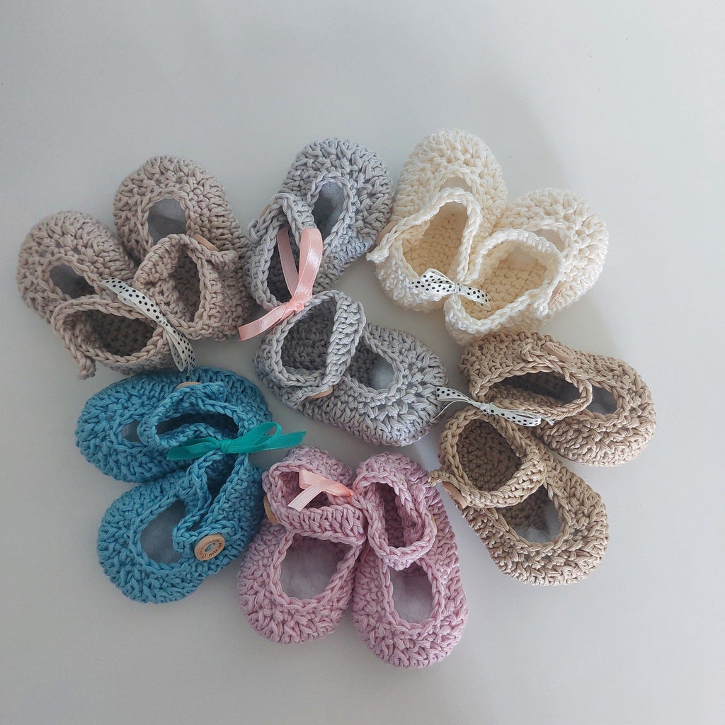 Baby Ballerinas Crocheted  with a Wooden Button - Selection of Colours - cottonplanet.ie