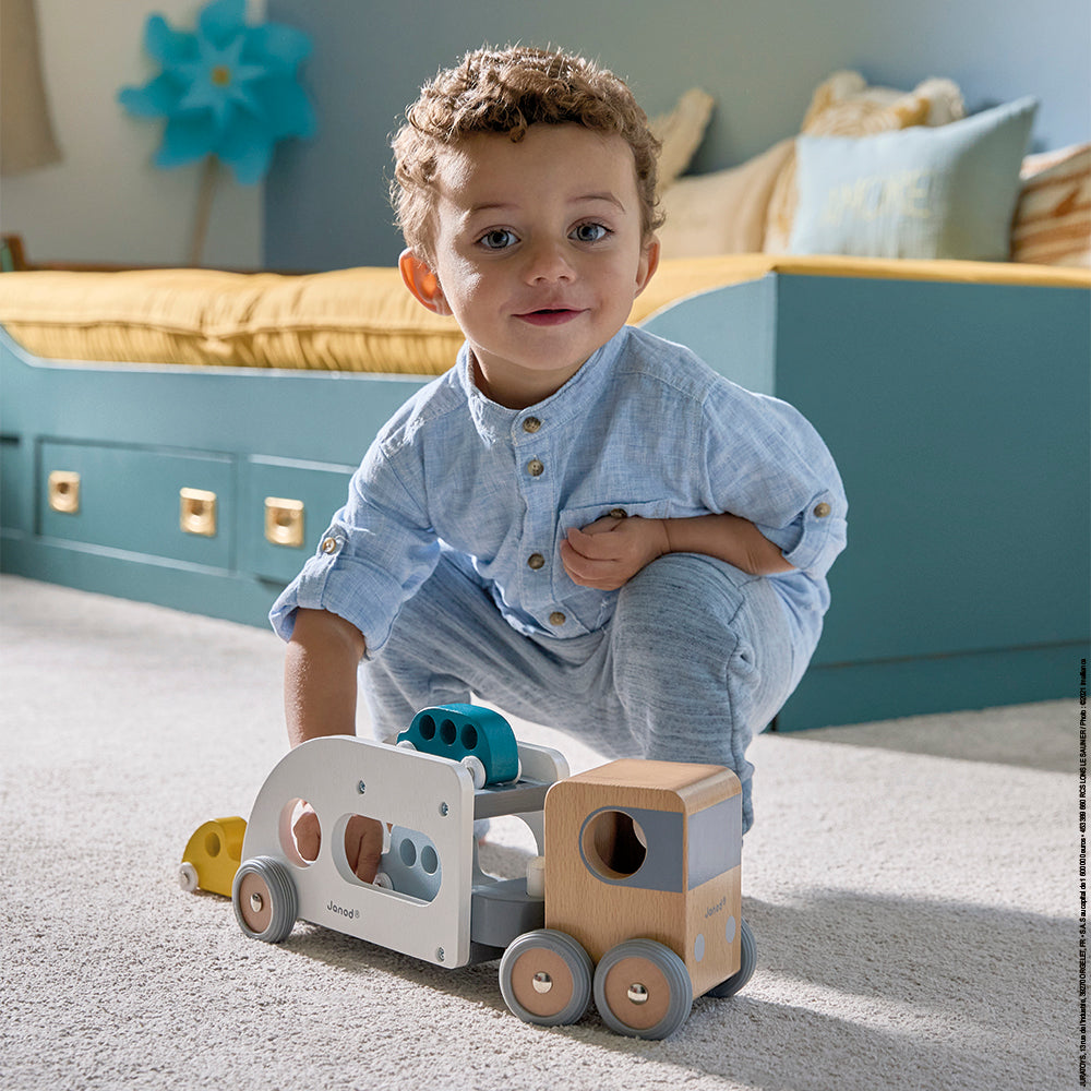 Wooden Car Carrier With 3 Vehicles by Janod | Cotton Planet