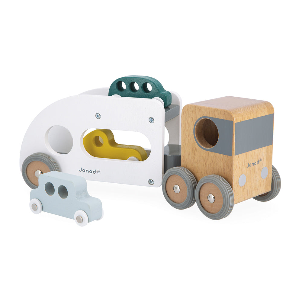 Wooden Car Carrier With 3 Vehicles by Janod | Cotton Planet