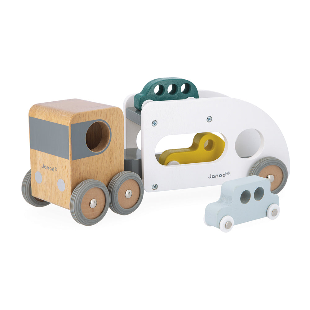 Wooden Car Carrier With 3 Vehicles by Janod | Cotton Planet