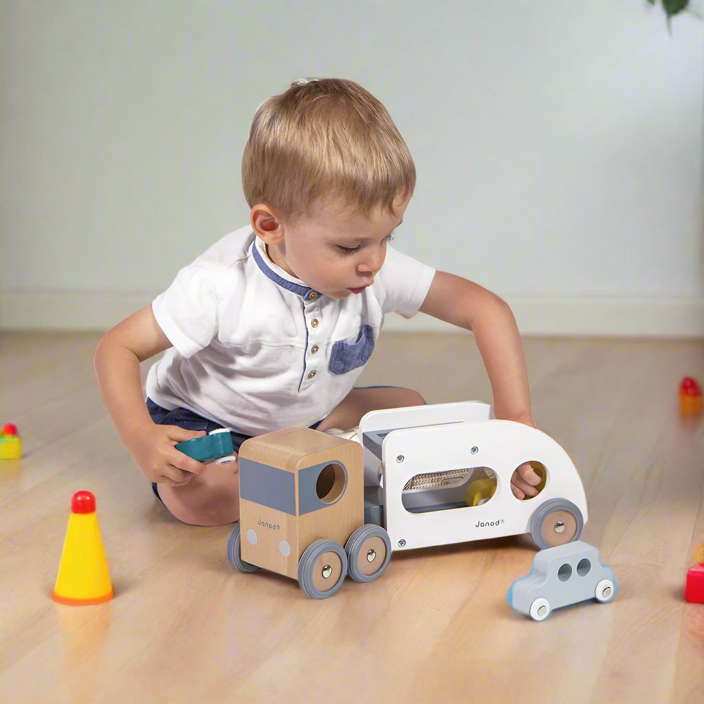 Wooden Car Carrier With 3 Vehicles by Janod | Cotton Planet