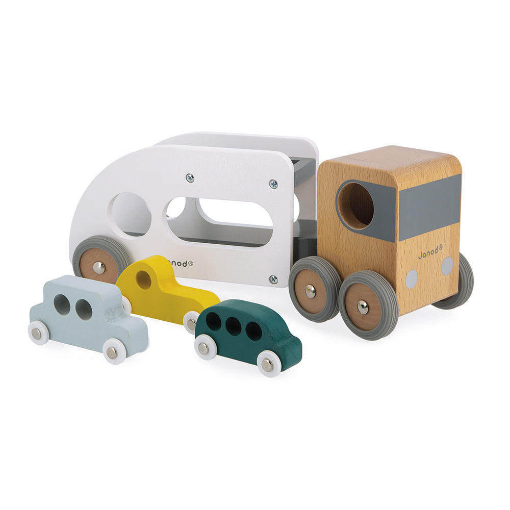 Wooden Car Carrier With 3 Vehicles by Janod | Cotton Planet