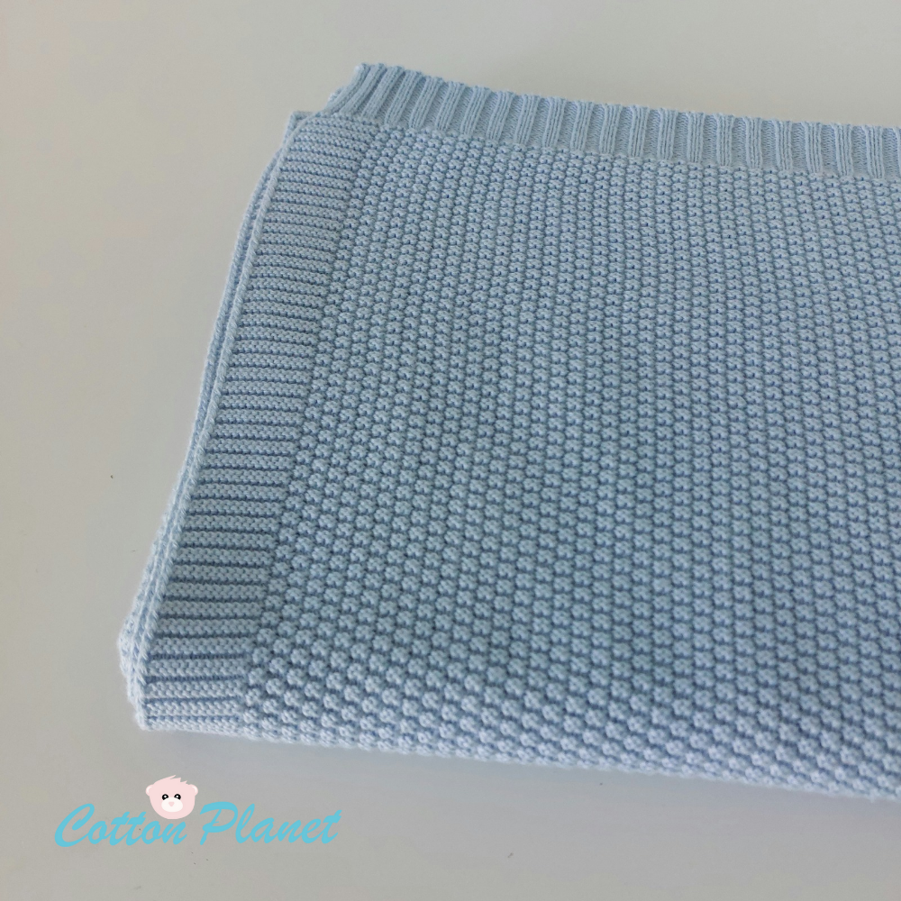 Personalised Blue Cotton Knit Blanket Baby | Cotton Planet 