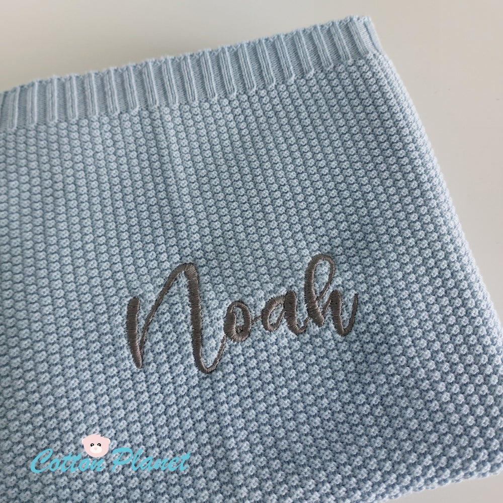 Personalised Blue Cotton Knit Blanket Baby | Cotton Planet 