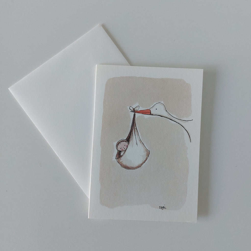 New Baby Card - Stork and Baby Sari's Artwork