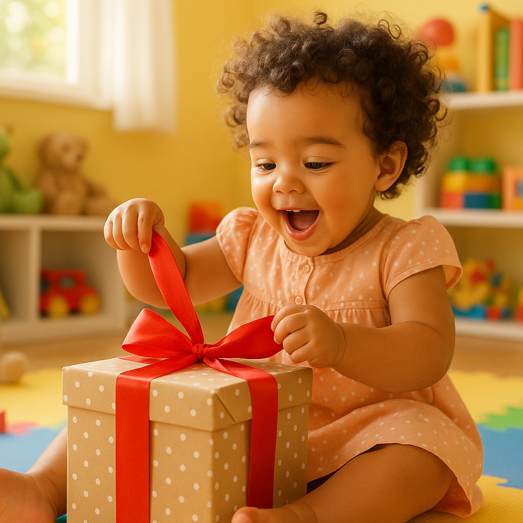 an image of a toddler girl opening a gift in a playroom