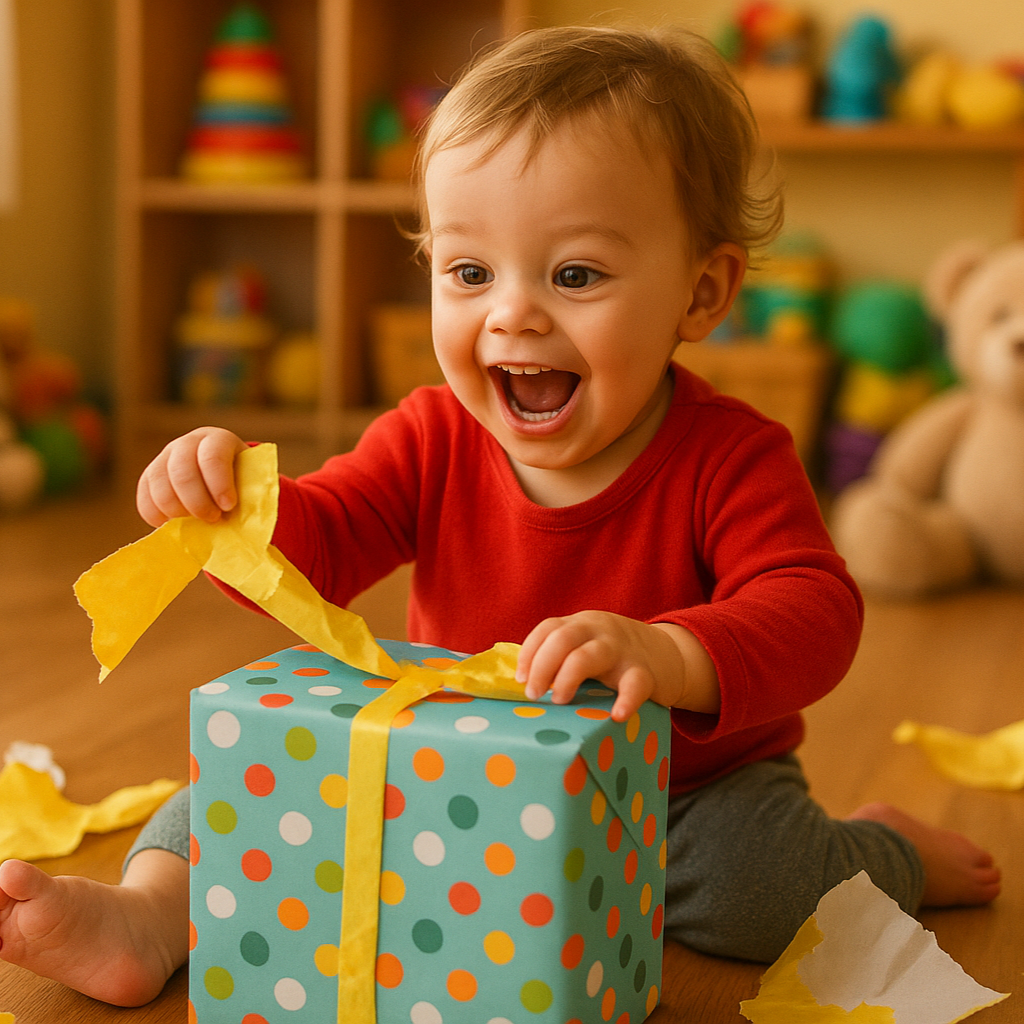 an image of a very excited toddler opening a gift in a playroom