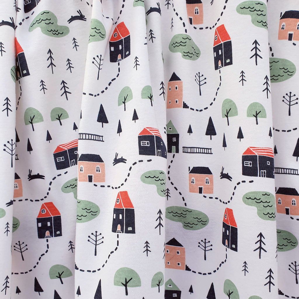Baby Organic Cotton Jersey Pink with Village Pattern | Cotton Planet