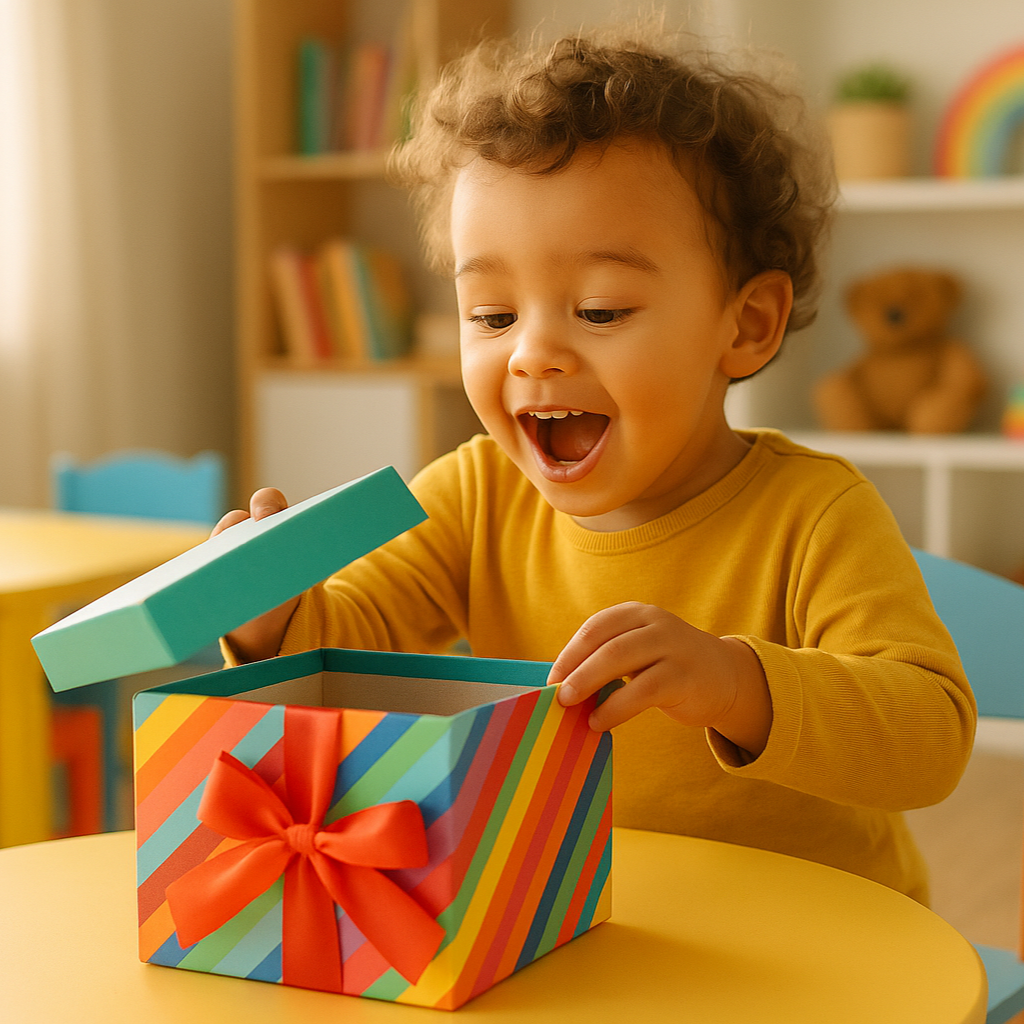 change the photo to 1:1 ration, and change the background so it's not Christmas themed. The backgound can be a playroom.