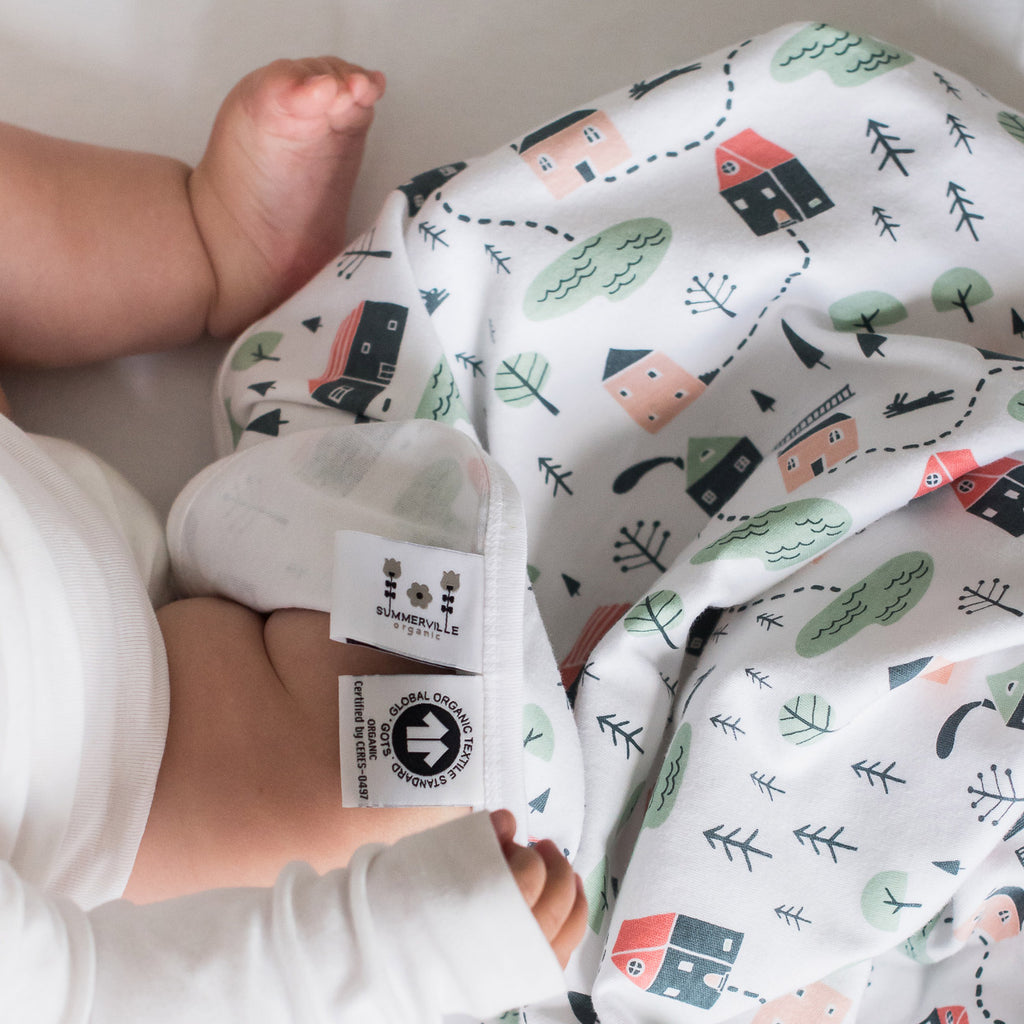 Baby Organic Cotton Jersey Pink with Village Pattern | Cotton Planet
