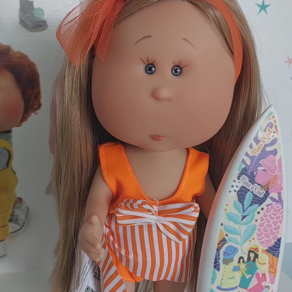 Mia Blonde Hair Doll with Orange Beachwear and Surfboard - cottonplanet.ie