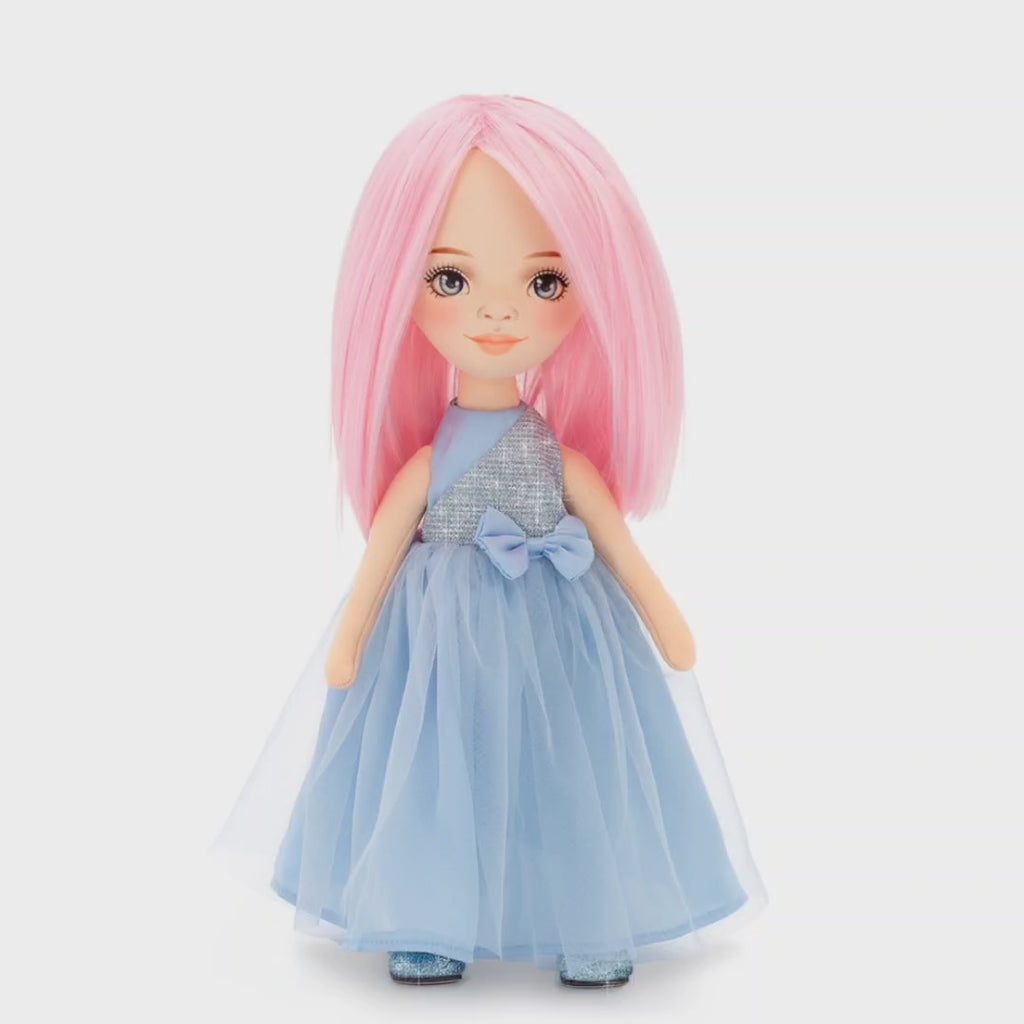 Handmade doll with blue dress and pink hair cottonplanet.ie