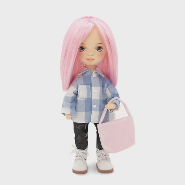 Handmade doll with plaid shirt and pink hair cottonplanet.ie