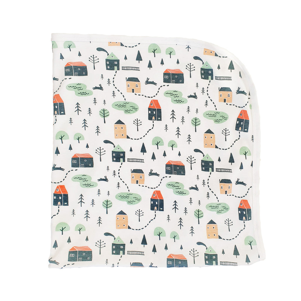 Baby Organic Cotton Jersey Pink with Village Pattern | Cotton Planet