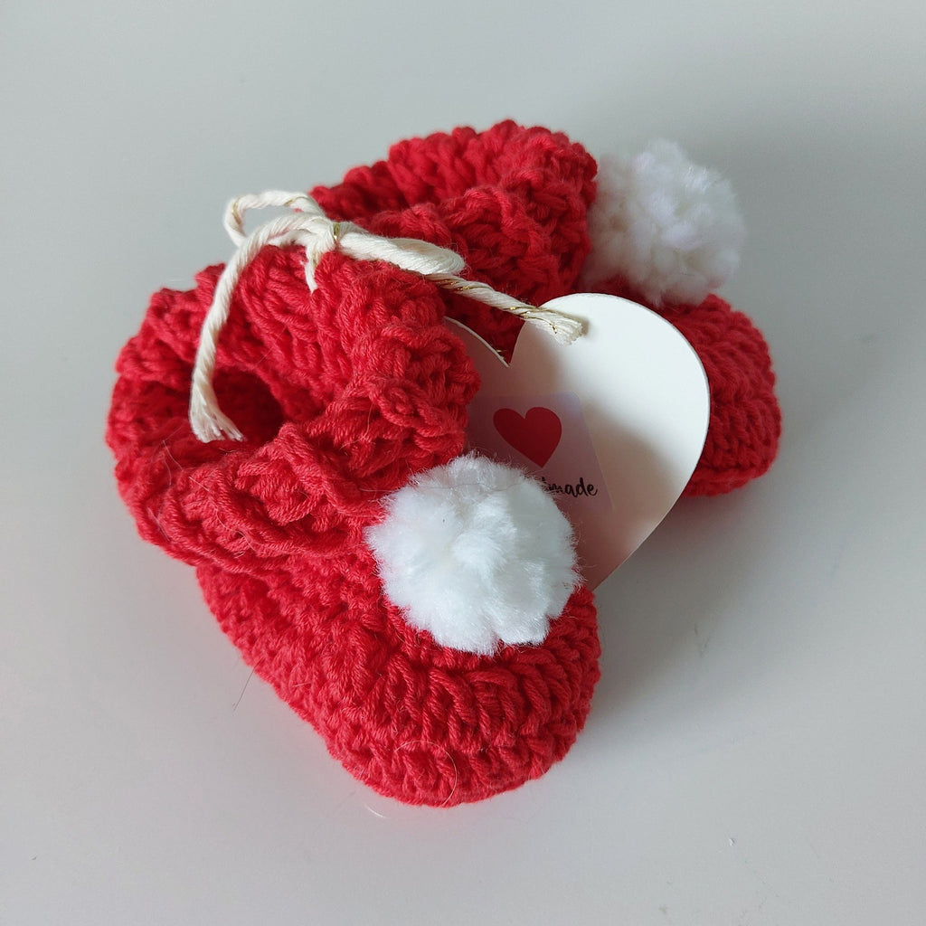Handknitted Baby Booties - Red with White Pompom
