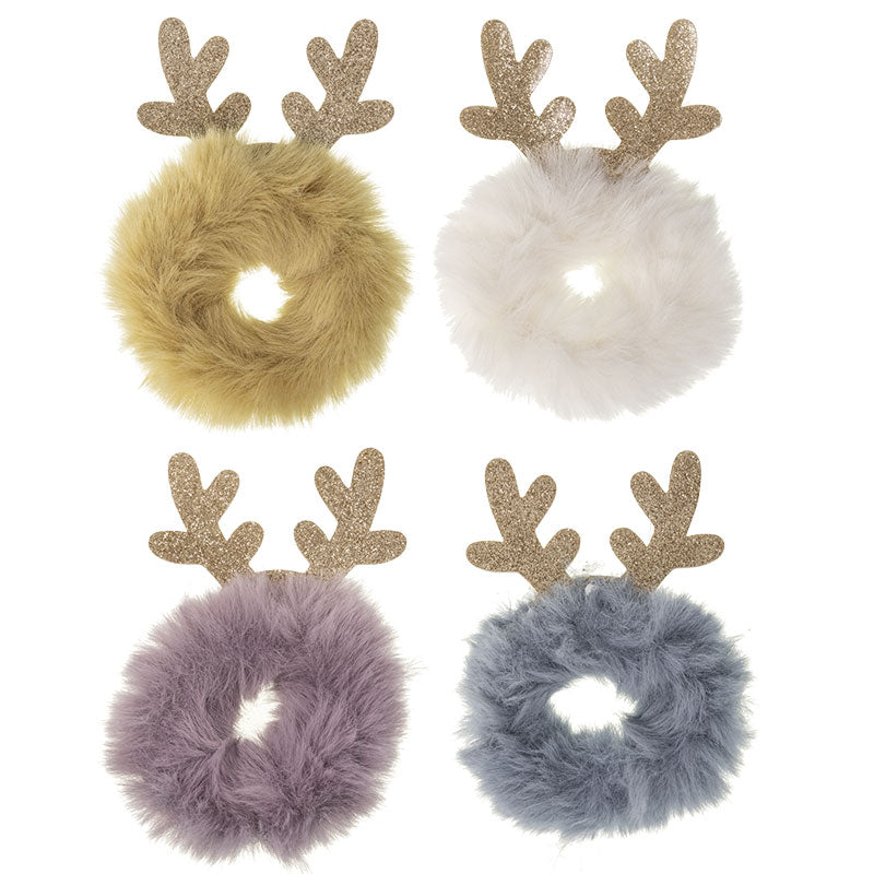 Furry Scrunchie with Glittery Reindeer Antlers